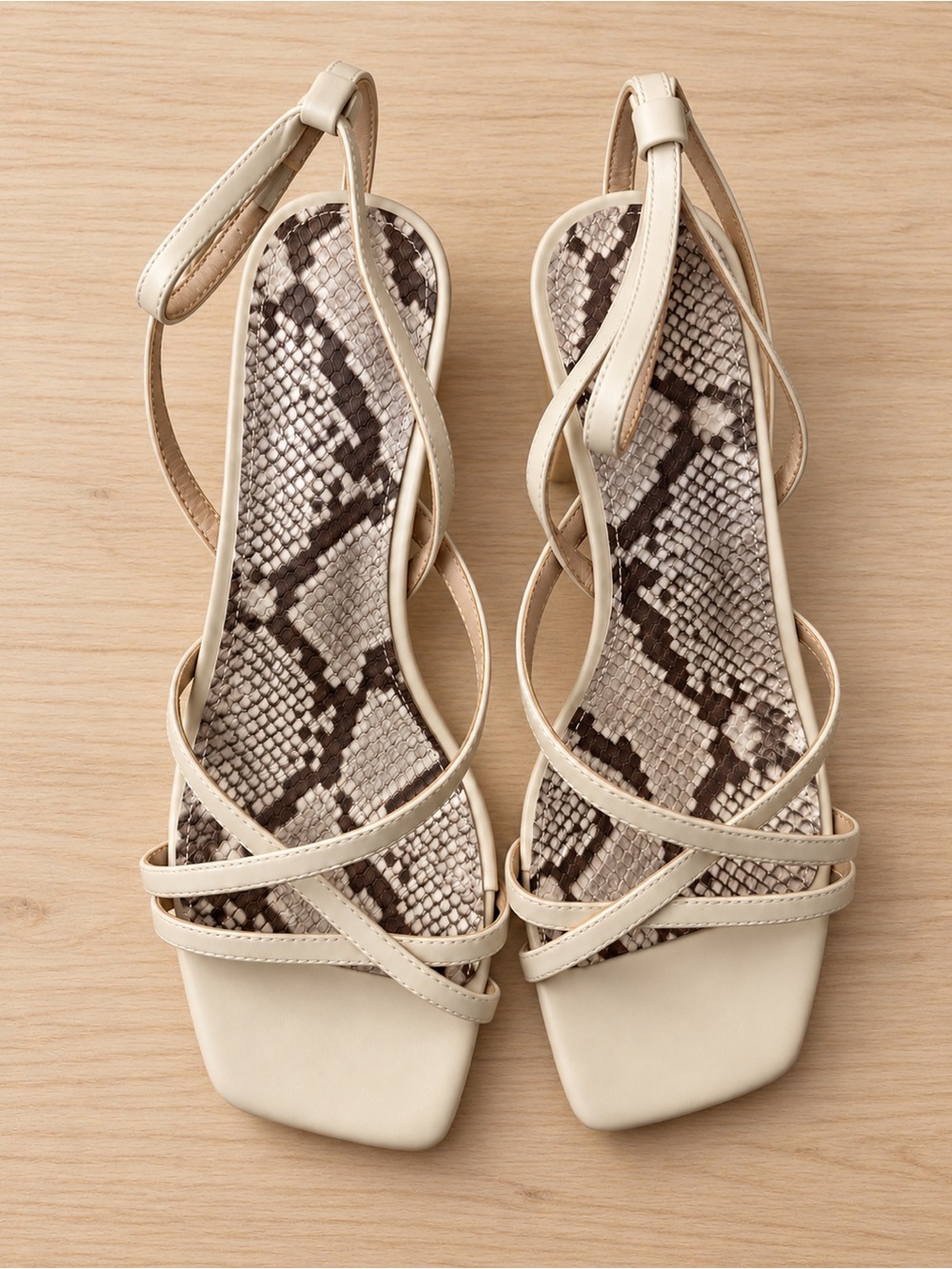 Amazon Cream Strappy Heeled Sandals with Snake-Print Insole